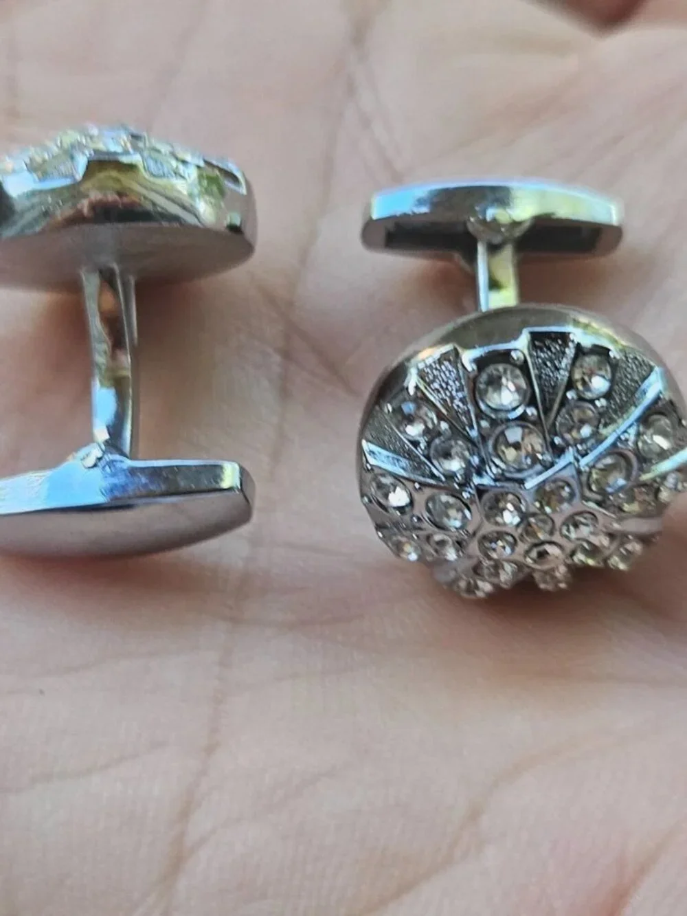 Crystals Accent Cufflinks Men Jewelry Fashion Silver Tone Stud Round Cuff Links